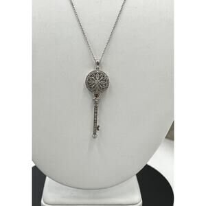 925 Sterling Silver Stamped Genuine Diamonds Floral Key Motif Chain Necklace